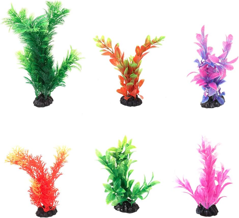 COMFECTO Fish Tank Decorations Artificial Aquarium Plants Decoration Accessories Ornament Plastic 5.9 to 6.7 Inches with Ceramic Base Non-Toxic Fade-Resistant Vivid Colors, 6 Pcs