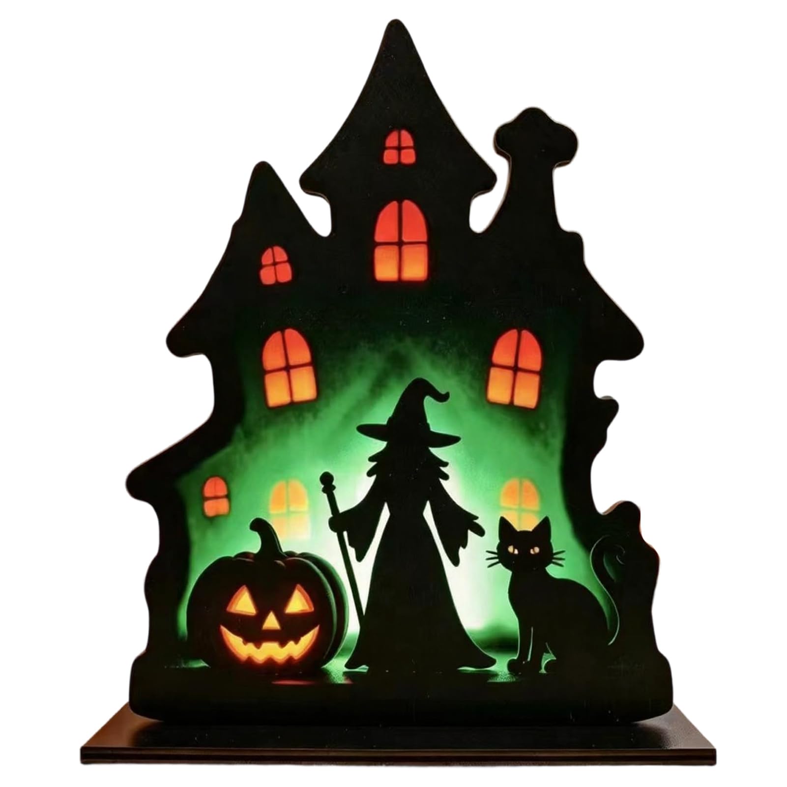 Pasisuu Halloween Wooden Table Centerpiece, Spooky Castle Witch Black Cat Ornament for Tiered Tray Decor, Durable Solid Wood Craft, 24cm Desktop Display for Festive Party Home A