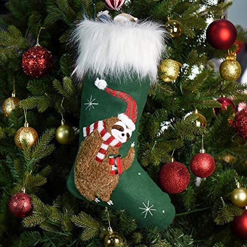 Worldeco 2022 Personalized Christmas Stocking Ornaments, Xmas Sloth Green Socks Plush Faux Fur, Home Decorations Gifts 21 Inch #TOP3