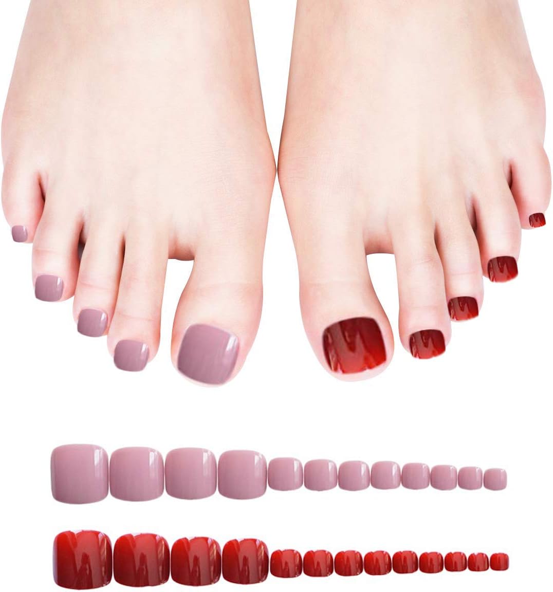 MISUD 24pcs False Toenails Chic Bright Full Cover Square Short Toe Fake Nails Pink Press-on Acrylic Nails for Exquisite Bride and Fashion Lady
