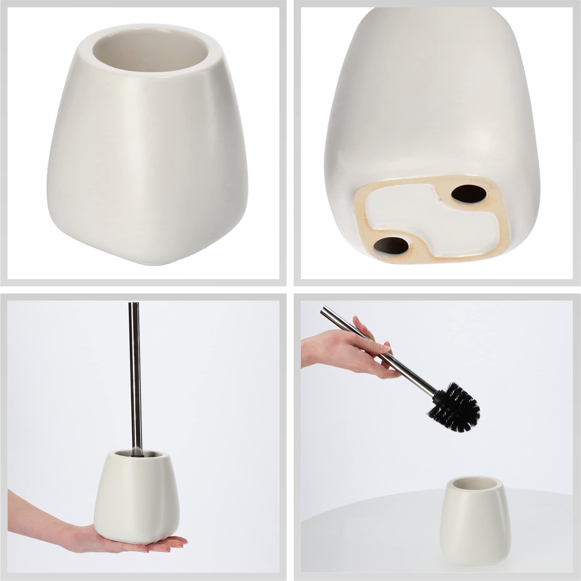 KADAX Escobilla de Baño con Base de Cerámica, Mango Largo de Acero y Cerdas Duraderas para una Limpieza Profunda de Inodoros (Set de 2, Blanco)