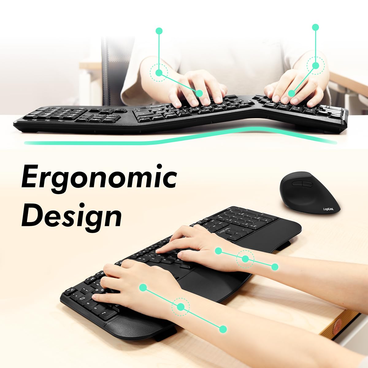 Logilink Juego de ratón ergonómico con Teclado Dividido (con 13 Teclas Multimedia)