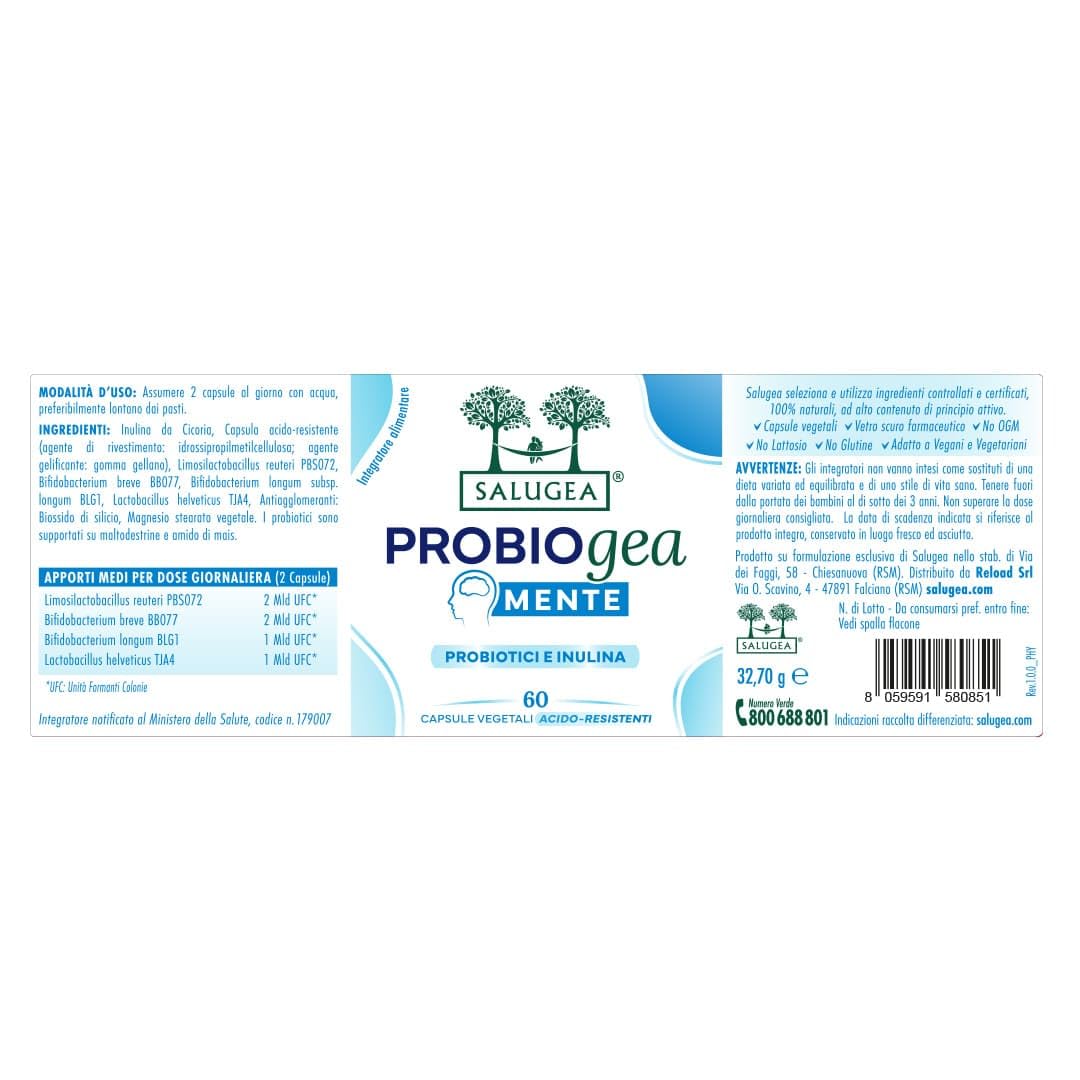 ProbioGea Mente Salugea - Probiotici e Benessere Mentale - 60 Capsule Vegetali - Flacone In Vetro Scuro