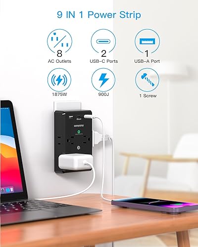 Miniatura 2 de HANYCONY - Extensor de salida de protección contra sobretensiones con puertos USB C, regleta de alimentación de 3 lados con divisor de 8 salidas y 3