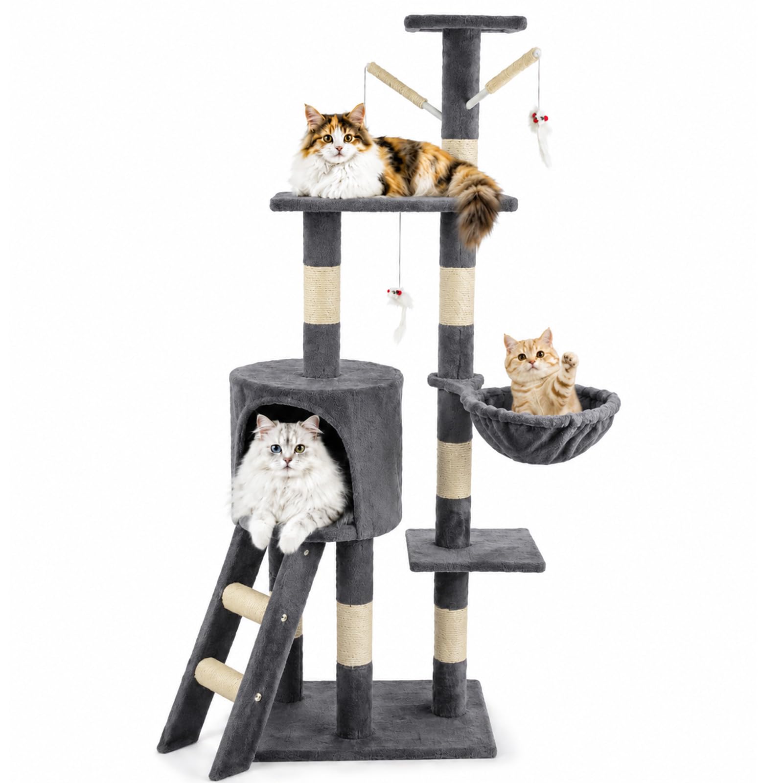 GREENSAPPIRE Cat Tree Tower 135cm – Multi-Level Cat Scratching Post with Ladder, Hammock & House – Indoor Kitty Play Activity Furniture for Kittens and Small Cats (Dark Gray)