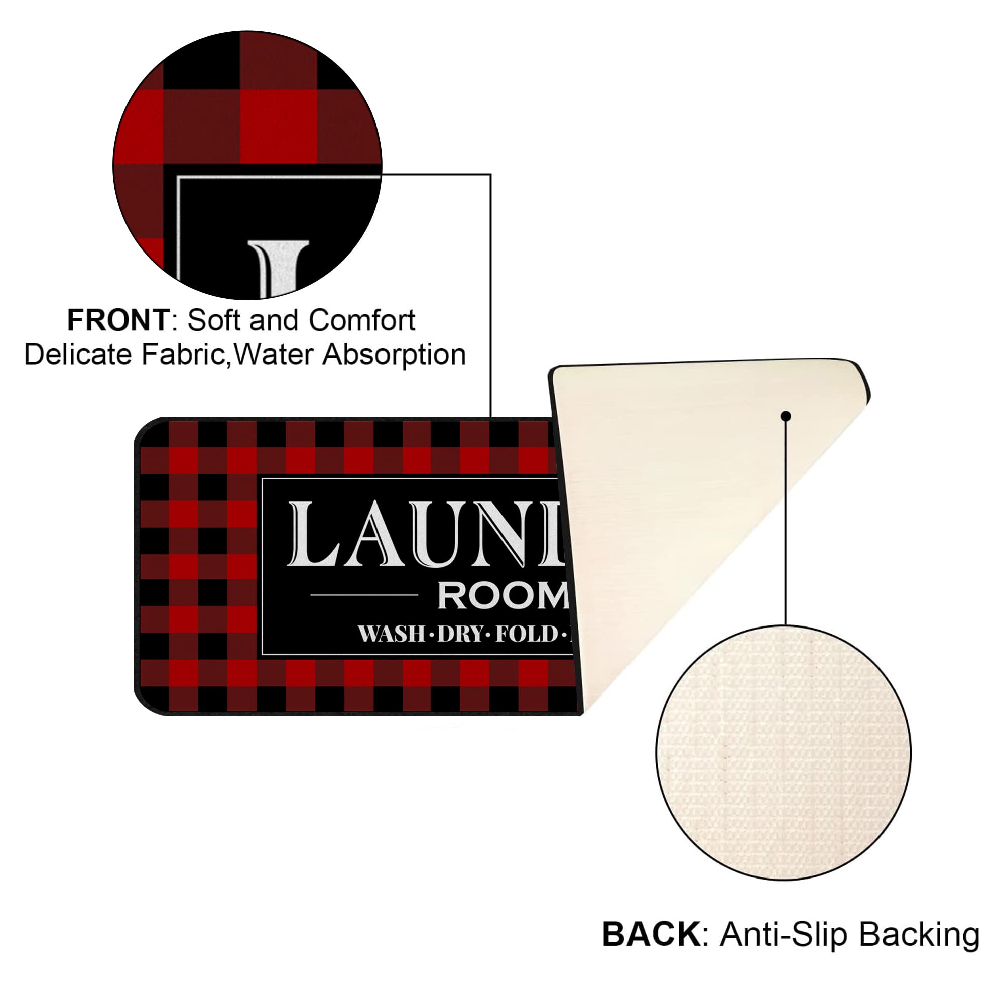 ROMAMIGO Alfombra antideslizante para cuarto de lavado, tapete de lavandería, tapete de cocina, tapete de baño, accesorios de decoración (20 x 47 pulgadas, cuadros rojos de búfalo)