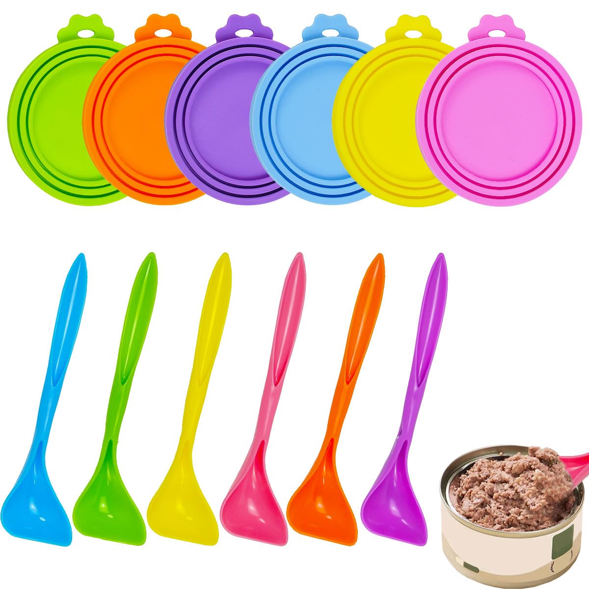 Lot De 6 Couvercles De Boîte De Nourriture pour Chat avec 6 Cuillères en Silicone 70g 85 G 200 G 400 G Couvercles pour Boîtes De Conserve, Couvercles pour Boîtes Alimentaires