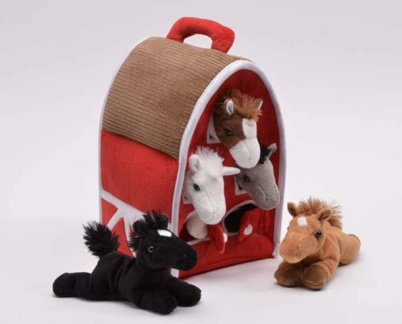Unipak Plush Horse Barn with Horses - Five (5) Stuffed Animal Horses in Play Carrying Barn Case