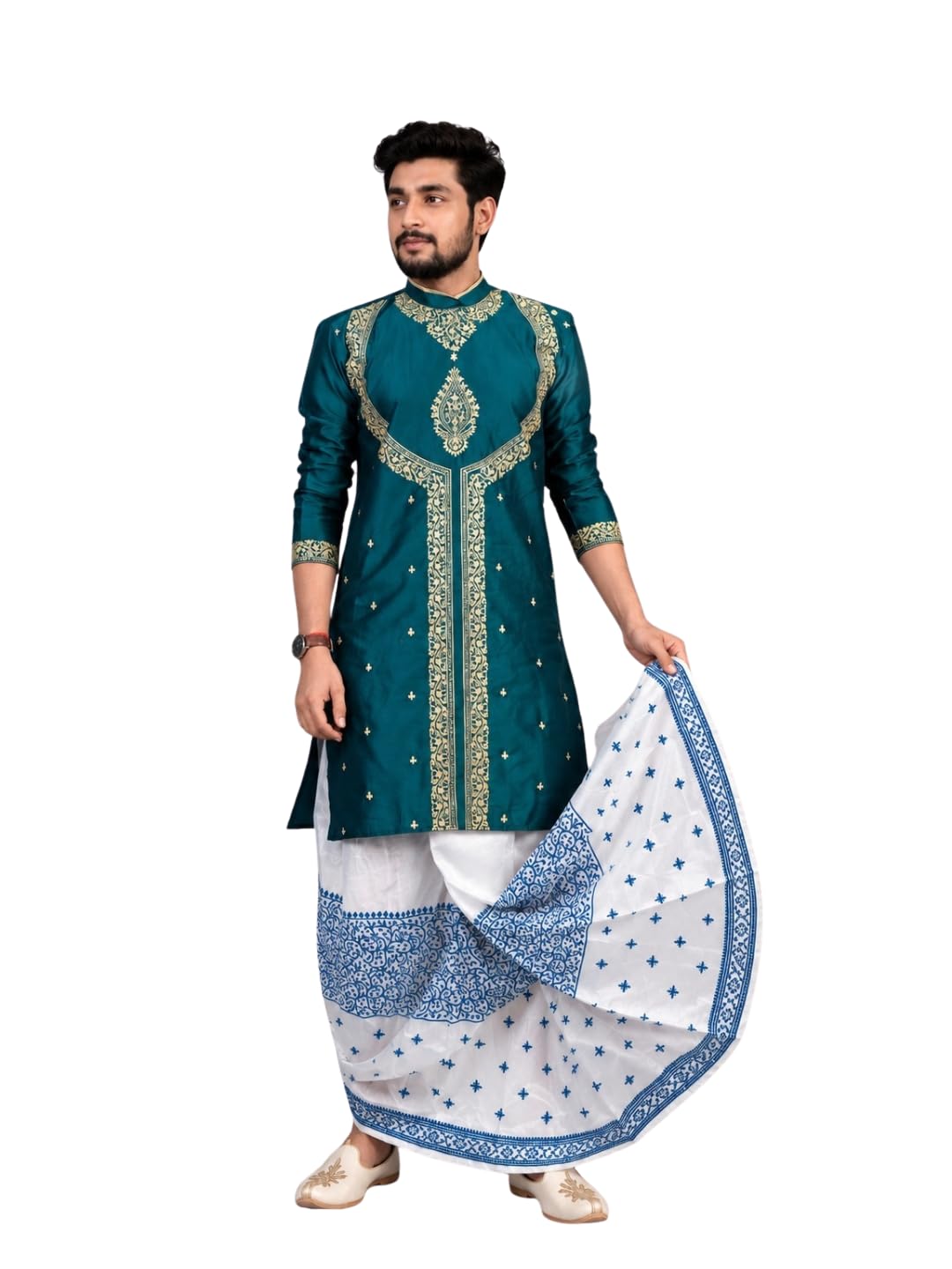 Men's Luxury Jaffaran Silk Embroidered Kurta with Dupion Silk Printed Dhoti | Ethnic Wedding Dress for Men | Festivals & Wedding Outfit-picture-22