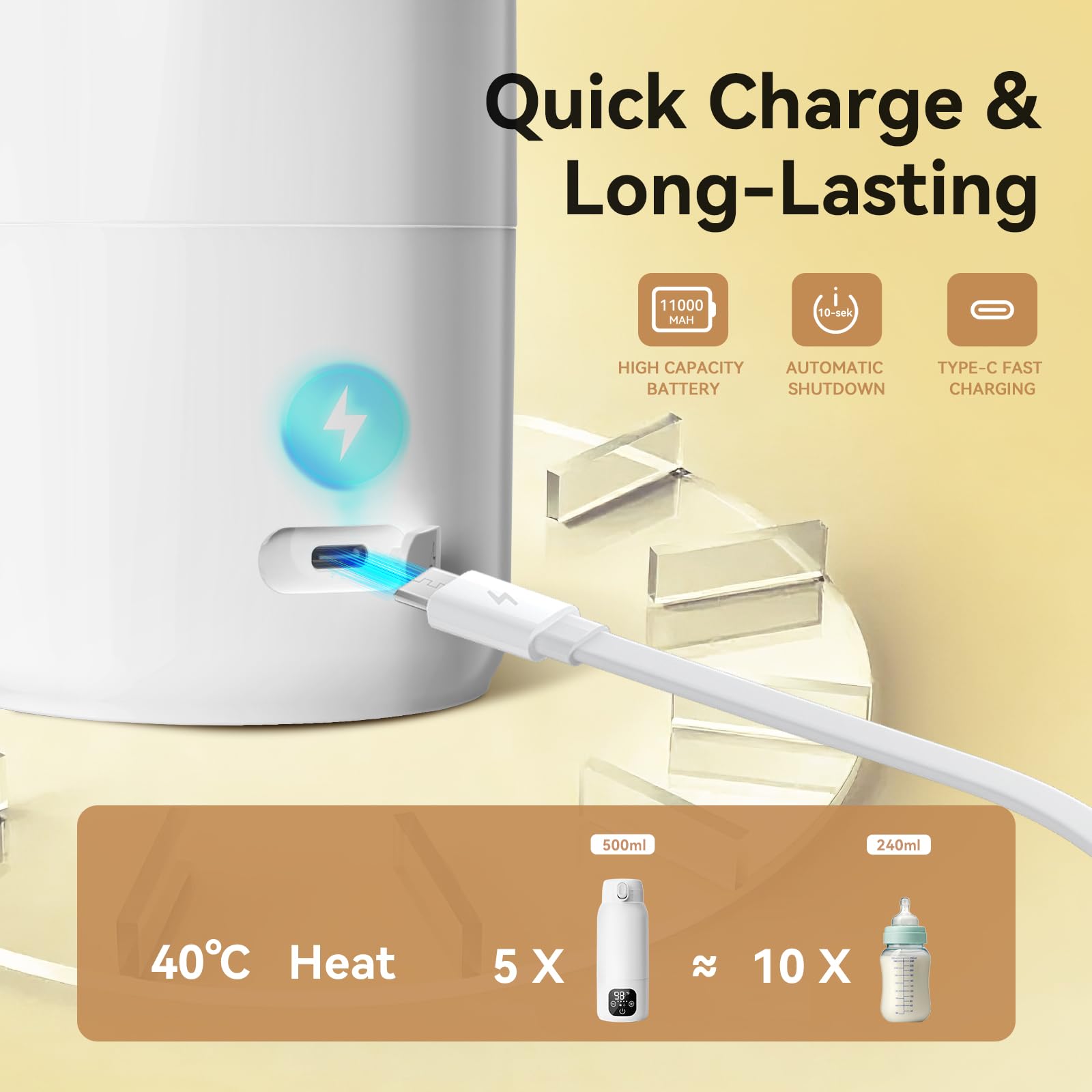 Chauffe-biberon portable pour voyage, 36,7 °C à 55 °C, contrôle précis de la température, chauffe l'eau ou le lait, chauffage rapide et isolation de 24 heures avec batterie de 10 400 mAh, capacité de