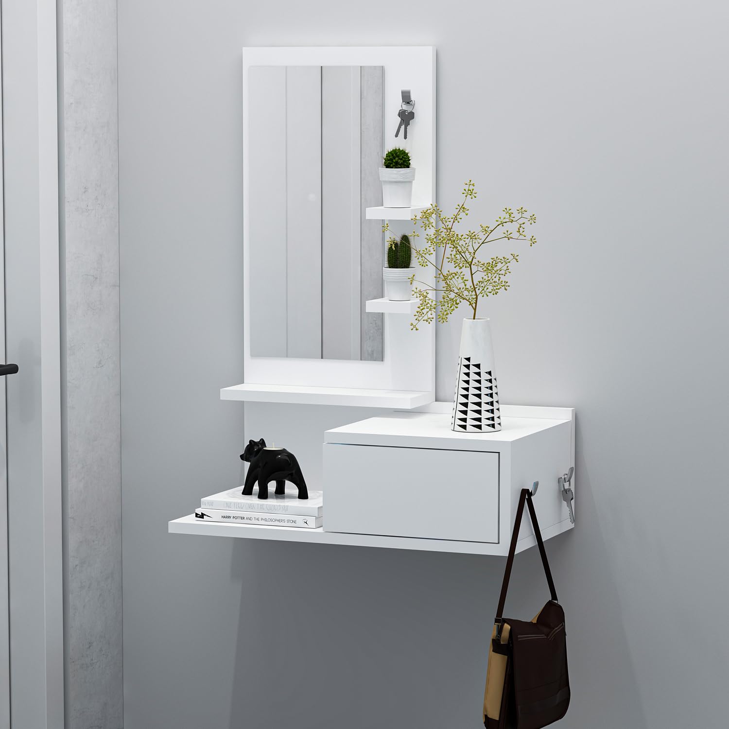 HOMIDEA ENKI Mobile sospeso per corridoio - Armadio con specchio - Armadio a parete per ingresso con cassetto, specchio e ripiano dal design moderno (bianco/bianco)
