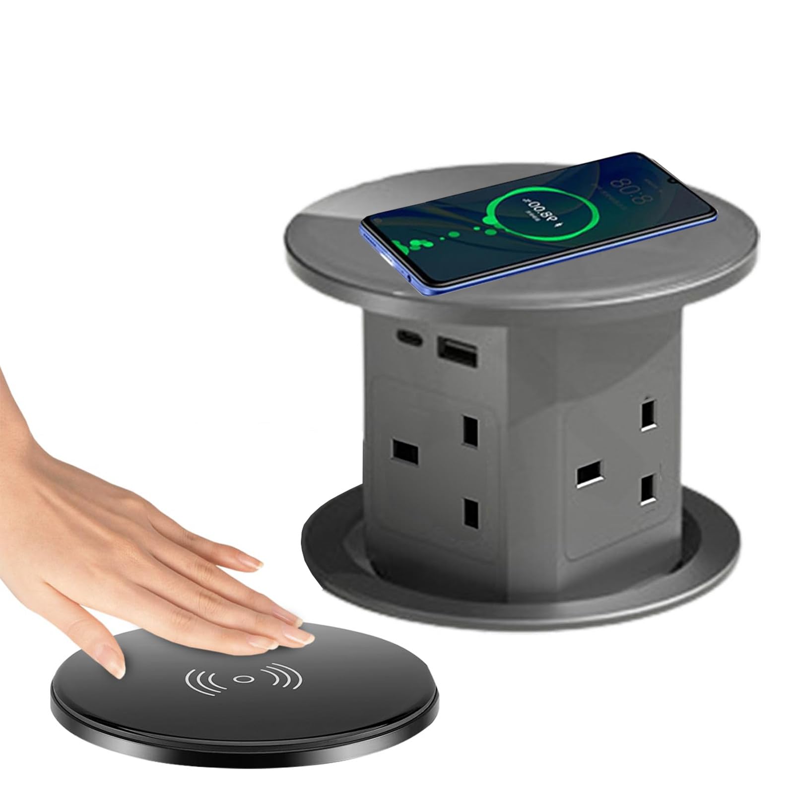 Toma De Corriente De ElevacióN Vertical, Toma De Corriente Emergente AutomáTica, con 4 Tomas + Puerto USB + Tipo C + Carga InaláMbrica De 15W, ElevacióN AutomáTica, para Hogar, Oficina D