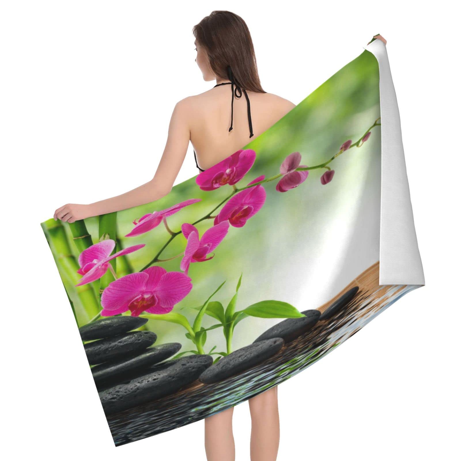 Lawenp Stones and Purple Orchid Beach Towel, Lightweight Sand Free Quick Dry Microfiber Absorbent Bath Towel for Kids, Adults, Swimming, Bath, Yoga, Pool, Travel, Camping 32"X52"