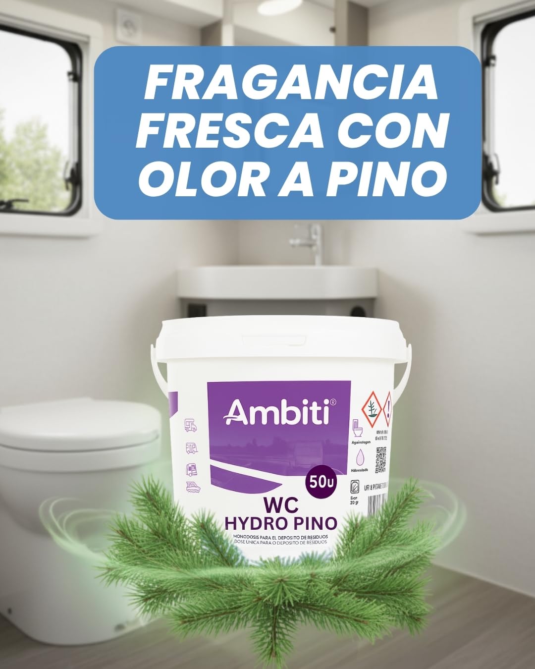Ambiti | WC Hydro | Monodosis Hidrosolubles para Depósito de Residuos de Autocaravanas,Caravanas y Campers| Antibacteriano| Elimina Deshechos Orgánicos y Papel Higiénico| Fragancia Pino| 50ud — view 6