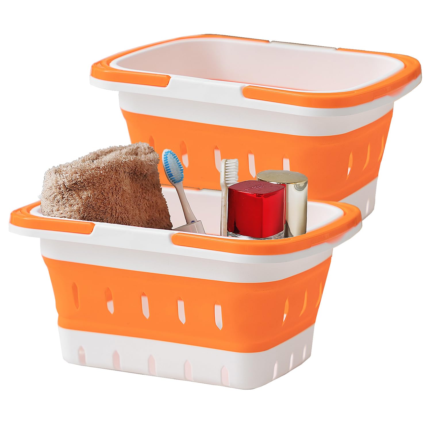 Collapsible Plastic Shower Caddy with Handle, Perforated, Portable Bathroom Organizer for Bedroom, Camping & RV (Orange, 2-Pack)