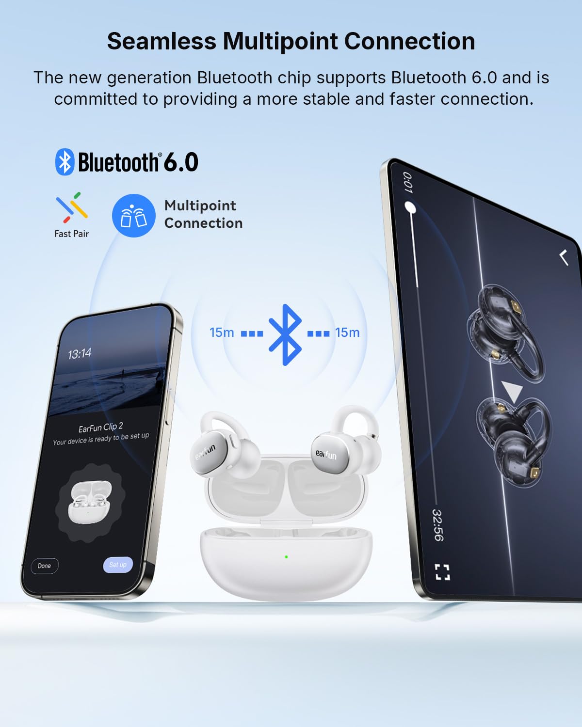 EarFun Clip 2 Open Ear Cuffie Bluetooth Clip On Earbuds, Confortevole e Stabile, Driver Titanio da 12mm, Audio Hi-Res, LDAC, 4 Microfoni Chiamate KI, 40 Ore Batteria, IP55, APP, Ricarica Wireless