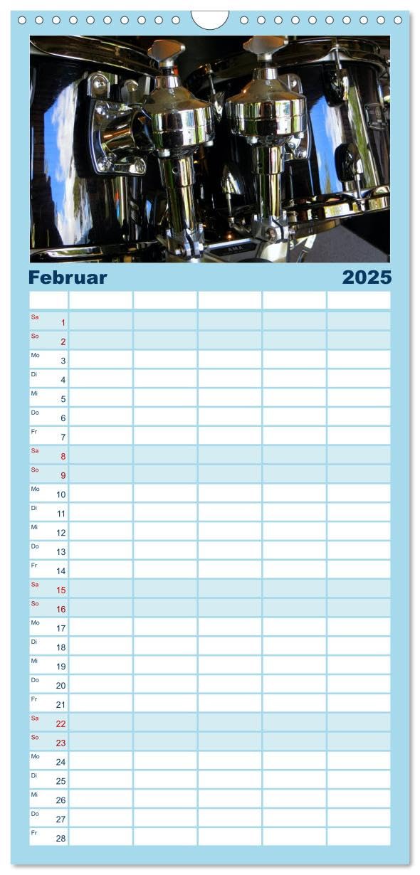 Familienplaner 2025 - Schlagzeug onstage mit 5 Spalten (Wandkalender, 21 cm x 45 cm), CALVENDO: Eindrucksvolle Konzertaufnahmen und Closeups von verschiedenen Schlagzeugen (CALVENDO Kunst)