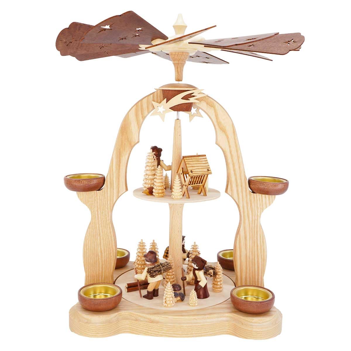 Pyramide en bois double étage de 40cm avec scène de forêt ajourée