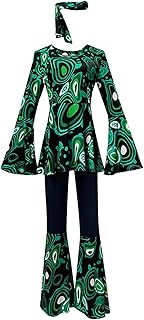 Duohropke Disfraz de fiesta para mujer, multicolor, mangas acampanadas, camiseta de manga larga y patchwork, pantalones acampanados, pañuelo de colores, hippie discoteca