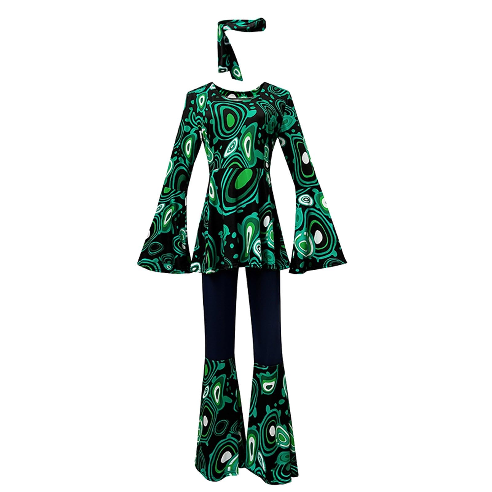 Celanisai 70s Outfit, Women's Abba Costume, Hippie Costume, Women's Hippie Clothing, Flared Trousers, Fashion Flower Power Clothing for Fancy Dress Costume, Disco Party, Halloween, Carnival, Disco
