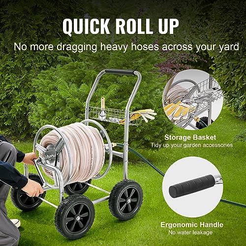 VEVOR Hose Reel Cart, Hold Up to 250 ft of 5/8’’ Hose, Garden Water Hose Carts Mobile Tools with 4 Wheels, Heavy Duty Powder-Coated Steel Outdoor Planting with Storage Basket, for Garden, Yard, Lawn by VEVOR - Image 4