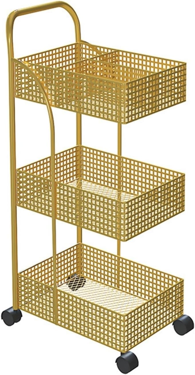 Storage Trolley Cart Storage Rack, Bathroom Kitchen Metal, Movable, Wheeled Shelving Organizer(Golden,Small)