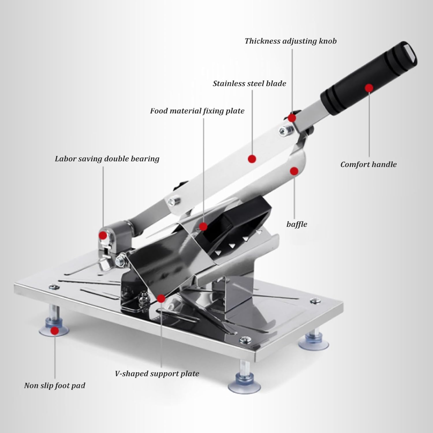 Frozen Meat Slicer Manual Stainless Steel Adjustable Non-slip Base Anti-rust Washable Ergonomic Foam Handle Detachable Heavy Duty Food Grade Cutter Slicing Machine for BBQ Cooking Meat Slicer Machin