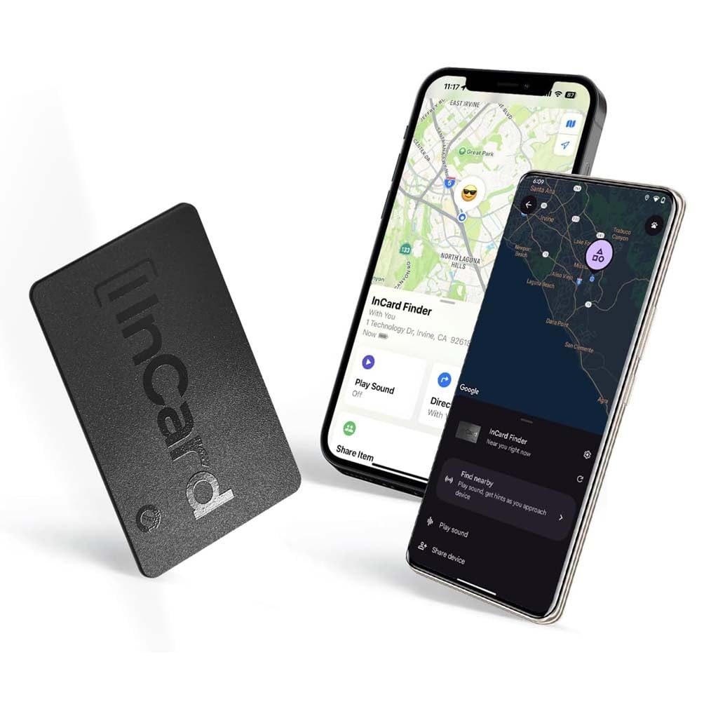 TECPHILE InCard Finder Smart Tracker and two smartphones displaying its location on maps