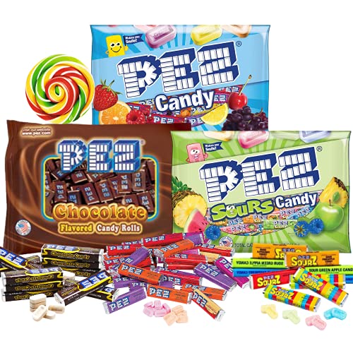 Bulk Pez Candy Refill Rolls, Includes Variety, Limited Edition Chocolate, and Sour 11 Ounce Bags, with Swirl Lollipop Refrigerator Magnet, 3 Pack