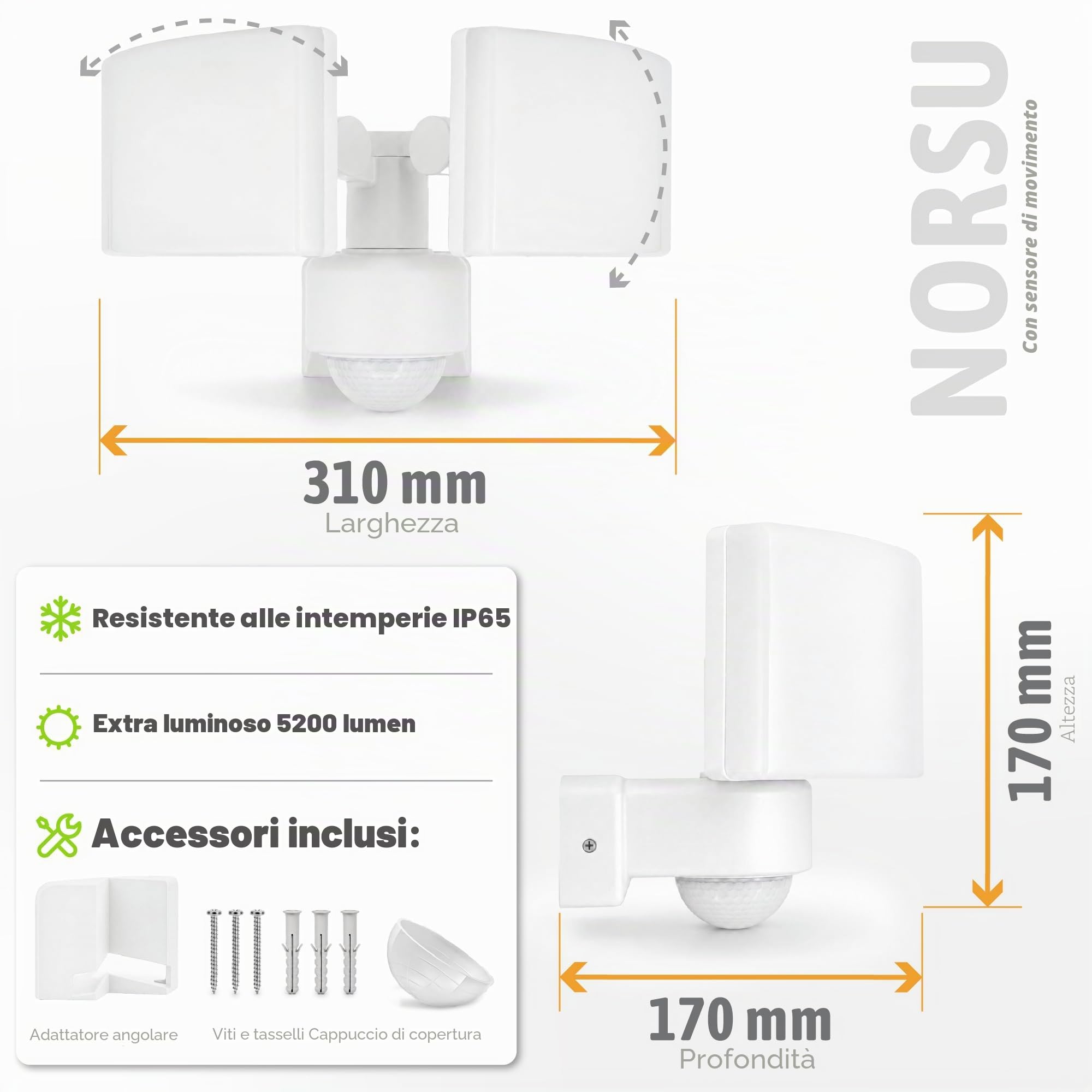 SSC-LUXon NORSU - Lampada da parete esterna a LED Up & Down, doppia testa orientabile bianco | sensore di movimento & crepuscolare | IP65 4000K 40W