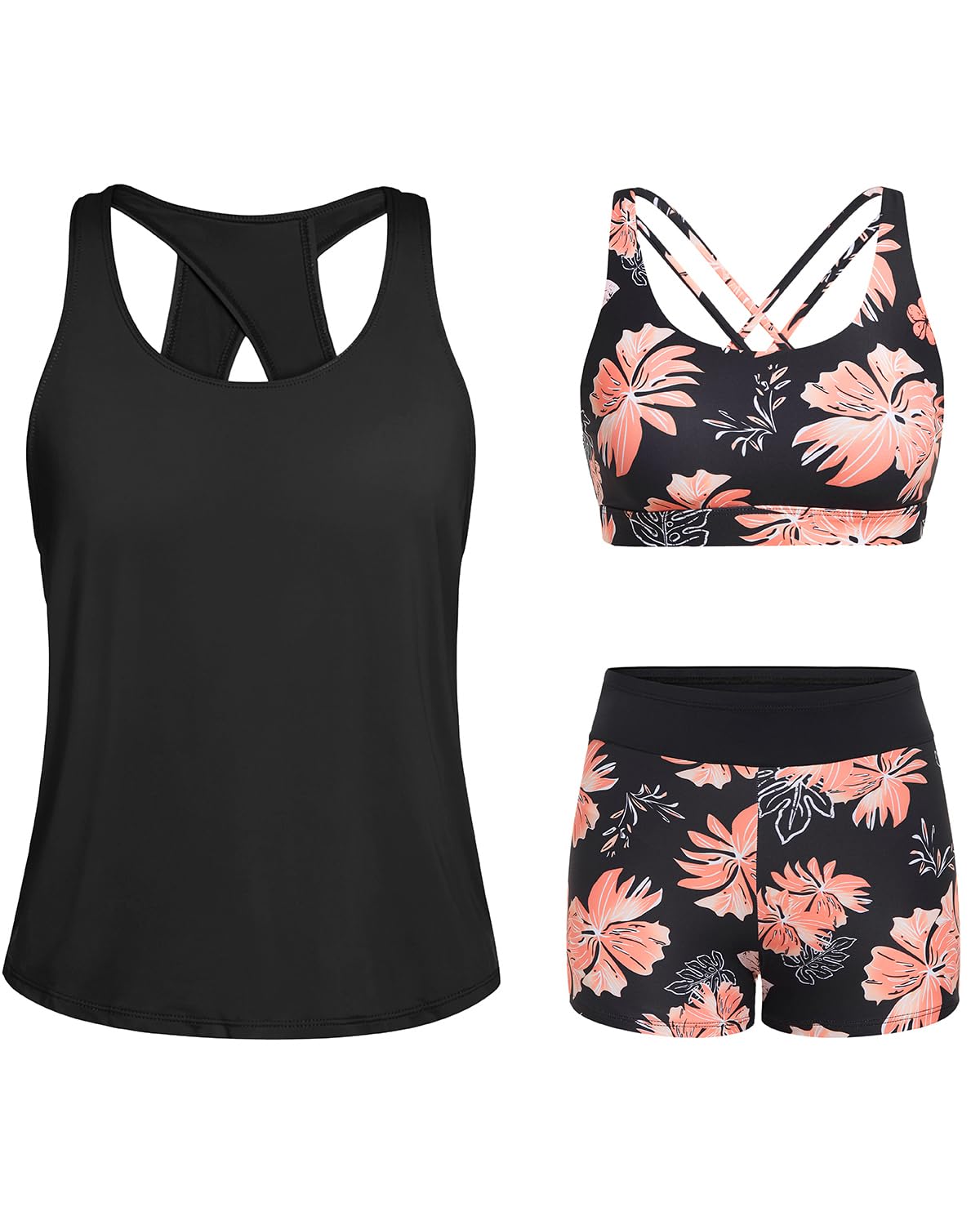 Tempt Me 3 Piece Tankini Swimsuits for Women Athletic Bathing Suits Swim Tank Top with Boy Shorts and Bra Modest Swimwear