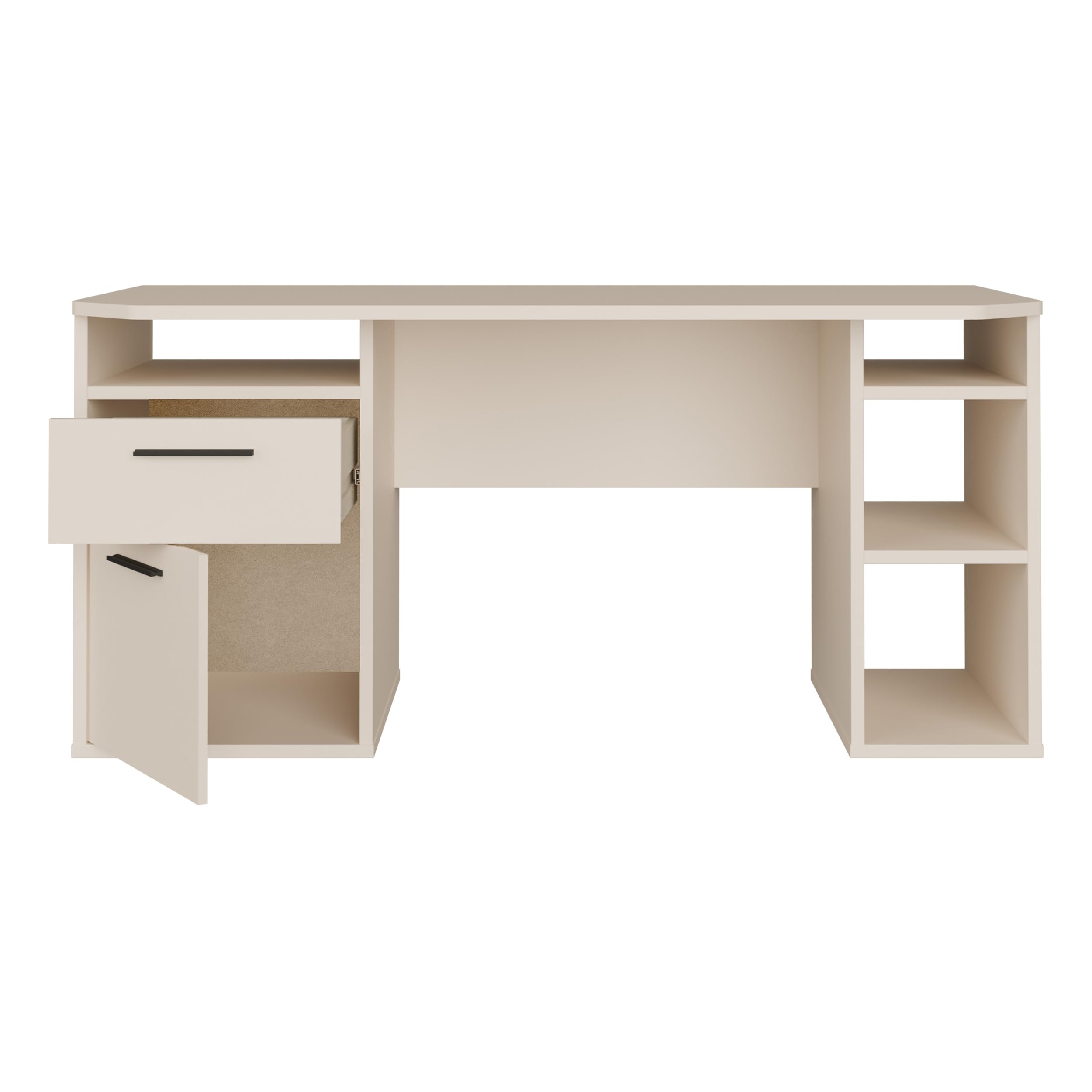 Forte TEZAUR Schreibtisch 160, moderner Schreibtisch mit Schublade, Tür und vielen Fächern, Jugendzimmer, Büro, Holzwerkstoff, Kaschmir Beige, 160 cm breit x 75,7 cm hoch x 72 cm tief