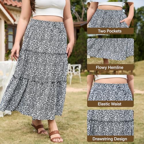 Womens Plus Size Boho Maxi Skirt Floral Tiered Long Flowy Maxi Skirt with Pockets High Waisted Summer Beach Skirt2