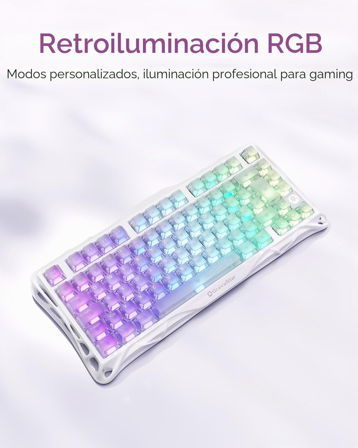 GravaStar Mercury K1 Lite Teclado mecánico gaming QWERTY Crystal Aurora | 75% Wireless Gaming Keyboard con Tri-Mode (2.4G/BT/USB-C), Hot Swap, inalámbrico, Gasket, RGB iluminación, teclados mecánicos