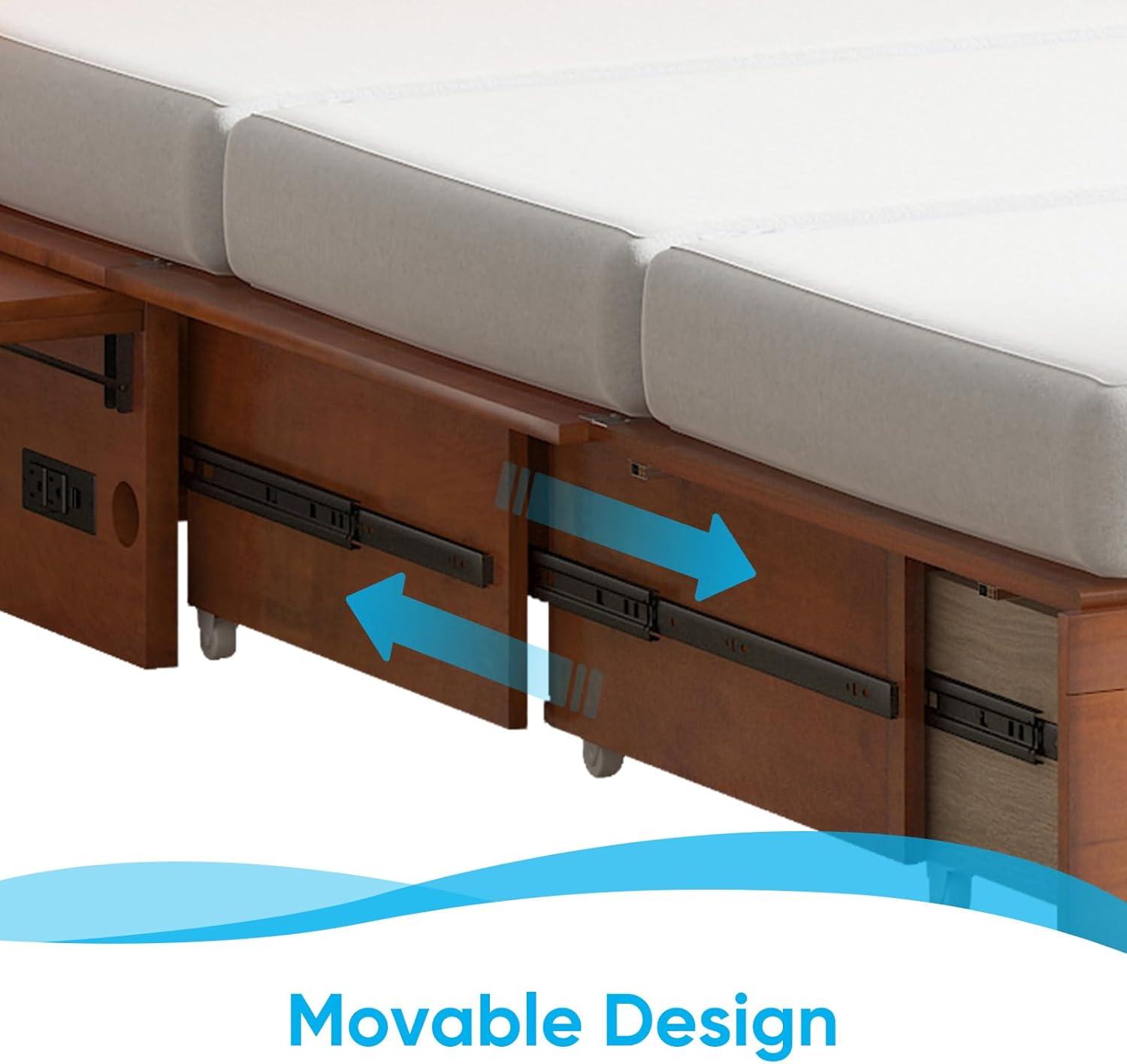 Close-up of the storage drawers on wheels, highlighting the smooth glide tracks for easy movement.