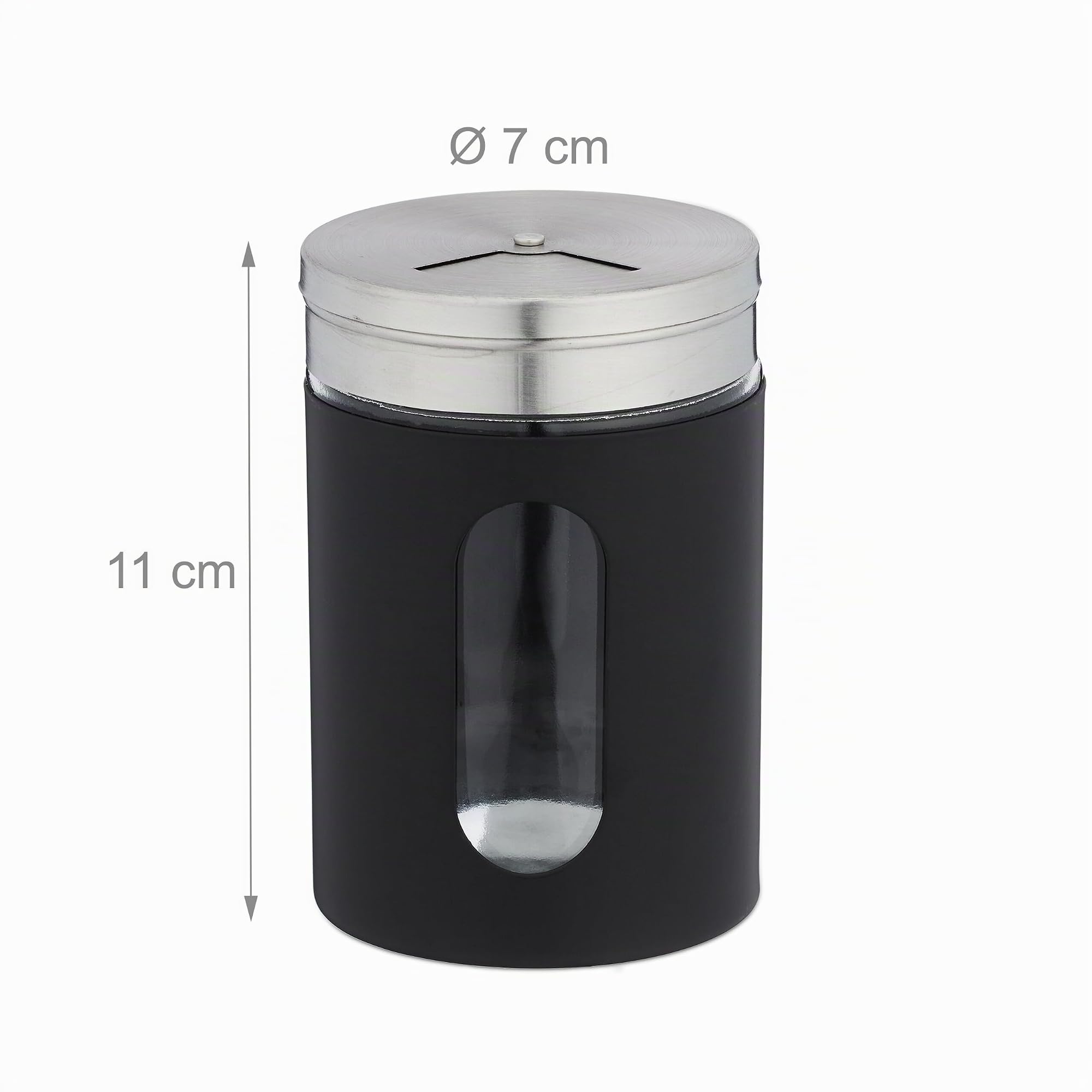 Relaxdays Barattoli Portaspezie, Set da 6 Vasetti, Coperchio con 3 Aperture Spargi Sale, Vetro, Acciaio, 290 ml, Nero