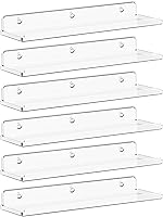Lifewit 6-Pack 15" Clear Acrylic Floating Wall Shelves - 20lb Capacity, Lip Edge for Secure Storage in Bedroom, Bathroom, Kitchen
