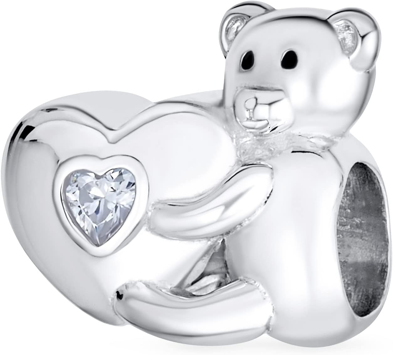 Valentine Heart Stuffed Animal Teddy Bear CZ Accent Charm Bead For Women Tween Daughter .925 Sterling Silver Fits European Bracelet