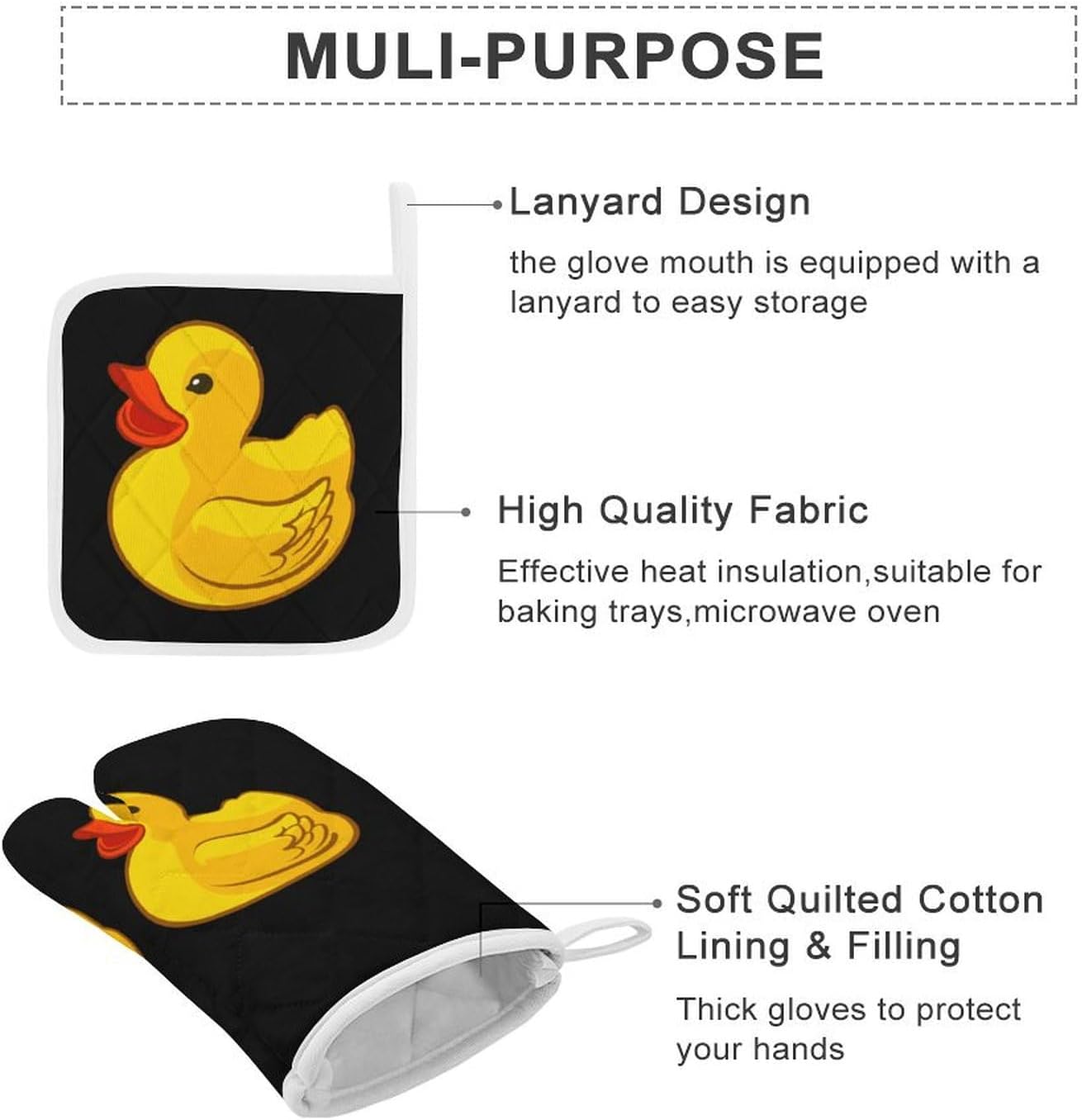 Rubber Yellow Duck Print Oven Mitts and Pot Holders 3 Piece Sets Heat Resistant Gloves Hot Pads Potholders for Kitchen Baking Cooking