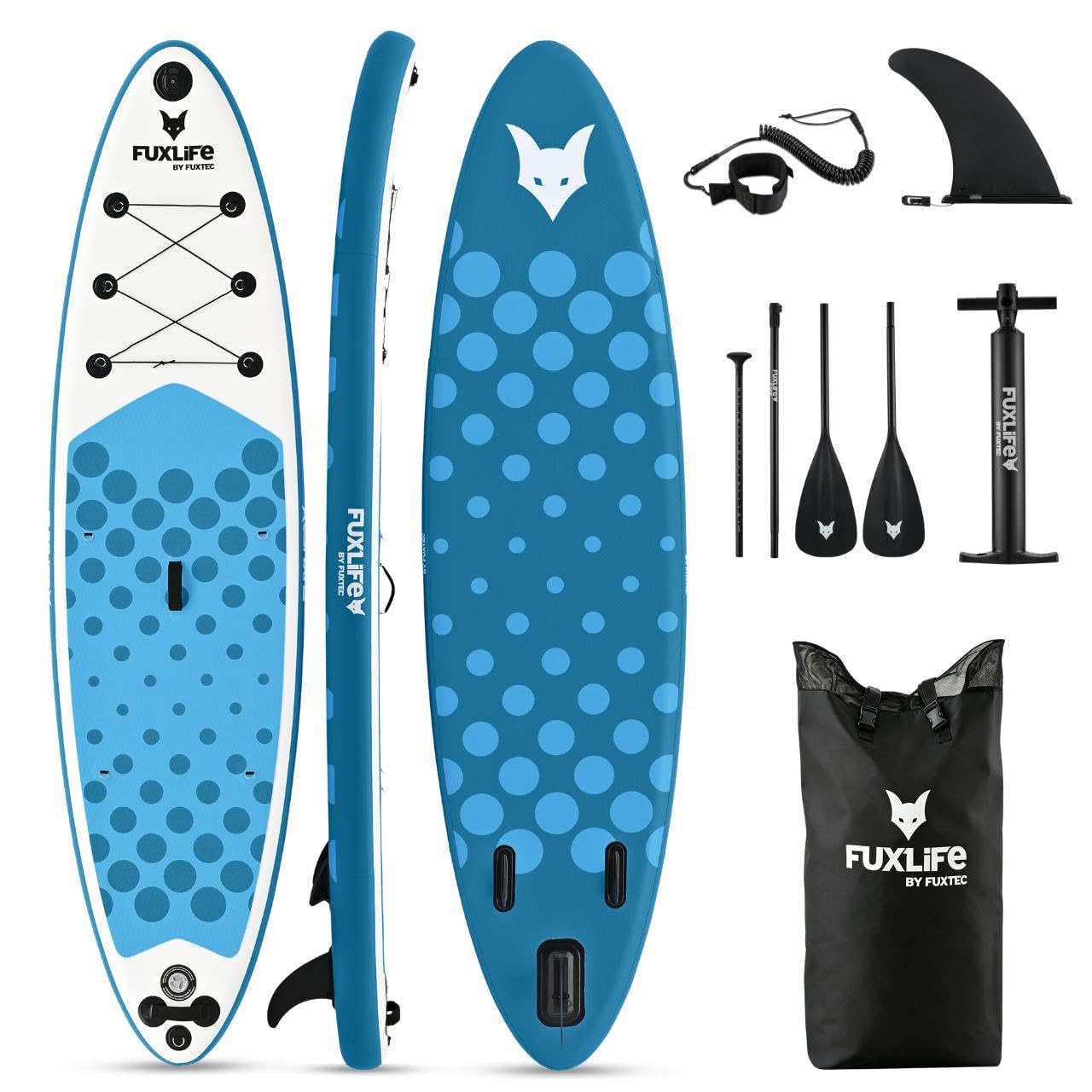Fuxtec Tavola Stand Up Paddle Board Gonfiabile – SUP Board 320 x 81 x 15 cm con 3 Pinne – sopporta Fino a 150 kg – Incluso Zaino, Kit Riparazione e Pompa