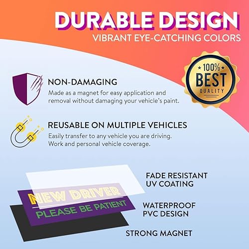 Miniatura 63 de Rio Salto Paquete de 4 divertidos imanes grandes para automóvil con texto en inglés "Please Be Patient", letrero magnético de seguridad para Novato