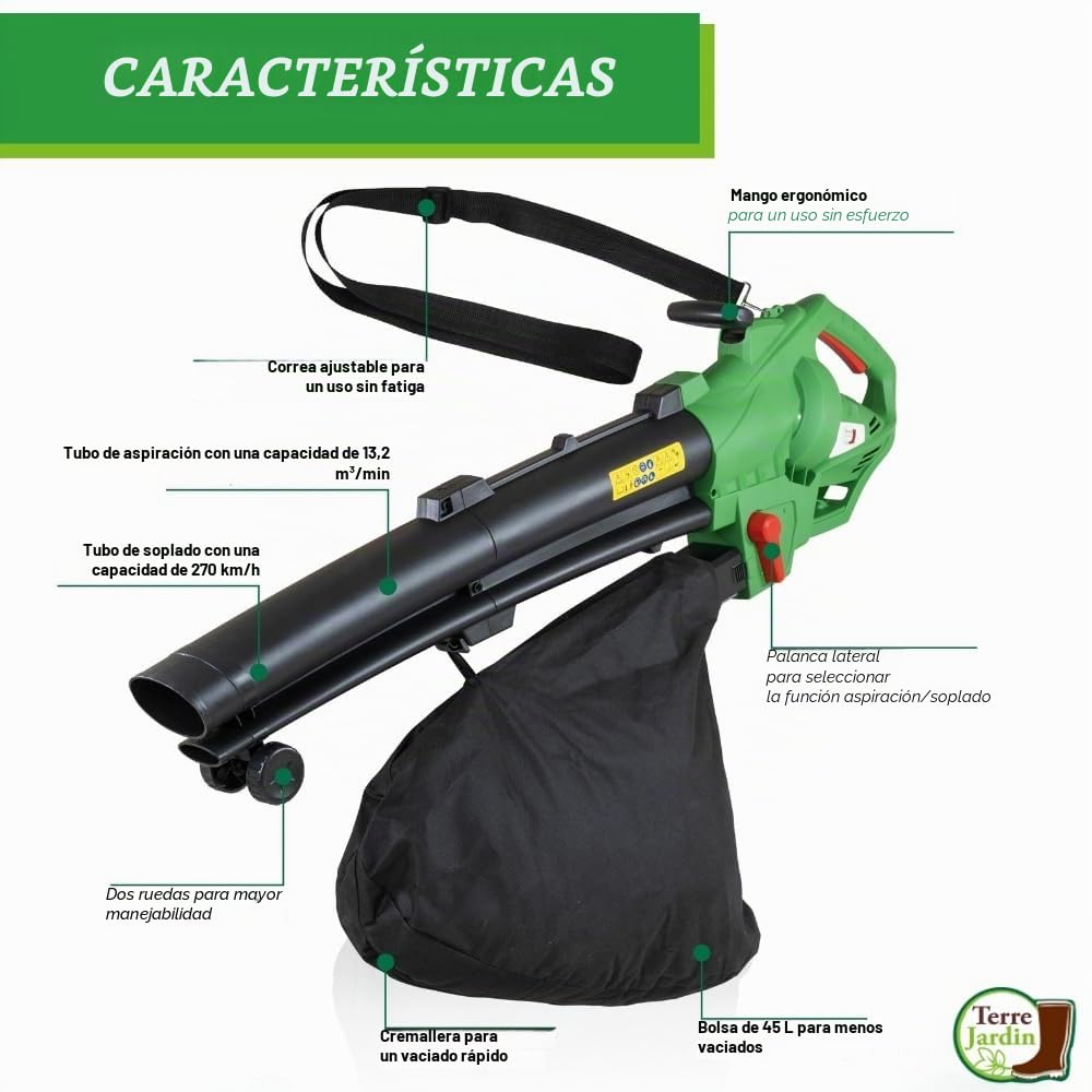 Aspirador Soplador Triturador Eléctrico 3 en 1 de 3000 W, 270 km/h – Bolsa de 45 L – Reduce en un 90% el Volumen de Residuos y Hojas – Confort Ergonómico – Uso Prolongado Sin Esfuerzo