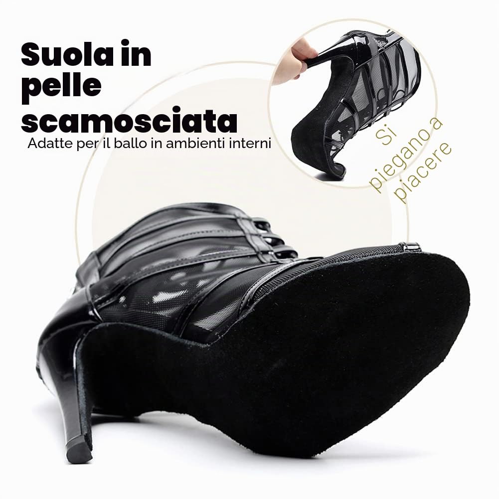 Stivali da Ballo Latino Americano Donna con Punta Aperta con Tacco con Lacci Scarpe da Ballo Donna