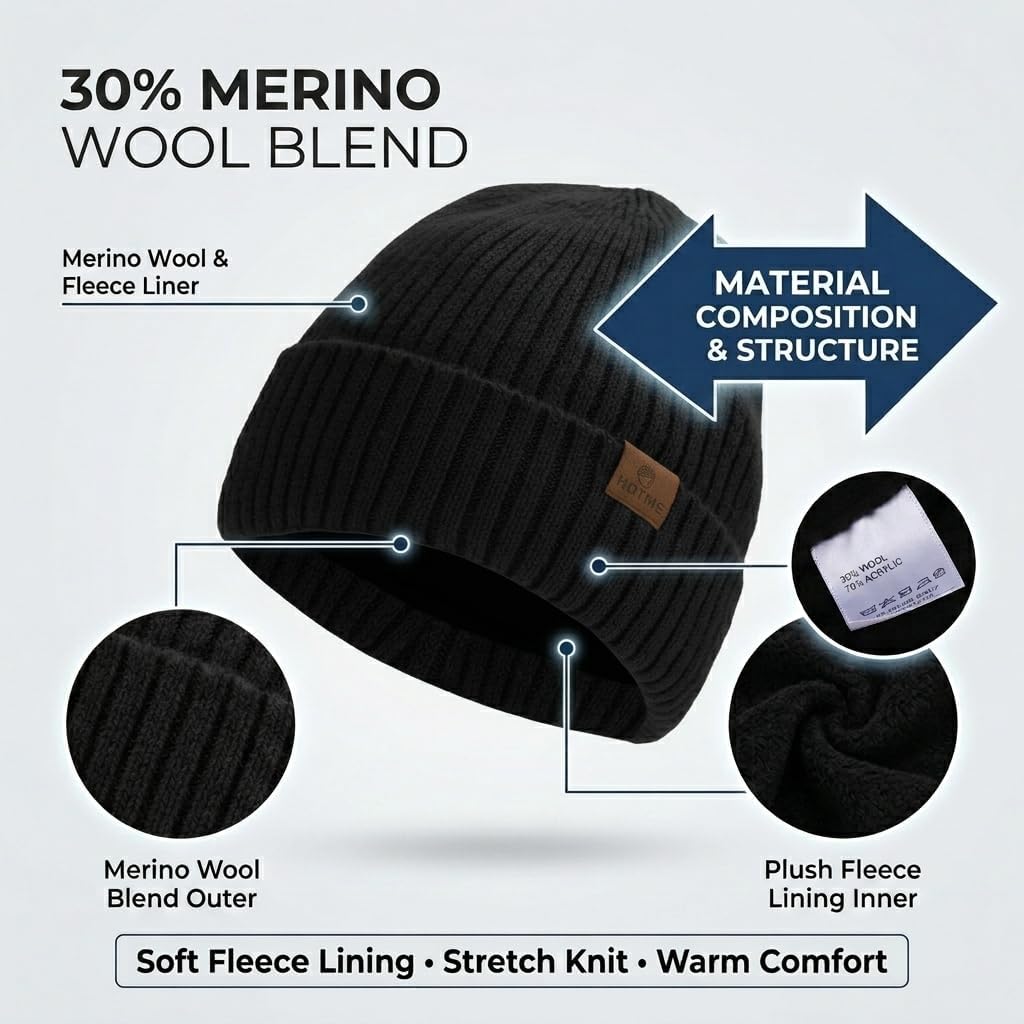 Oversize XL/XXL Merino Wool Beanie Hat for Men - Fleece Lined Large Winter Hat Ski Skull Cap for Big Heads