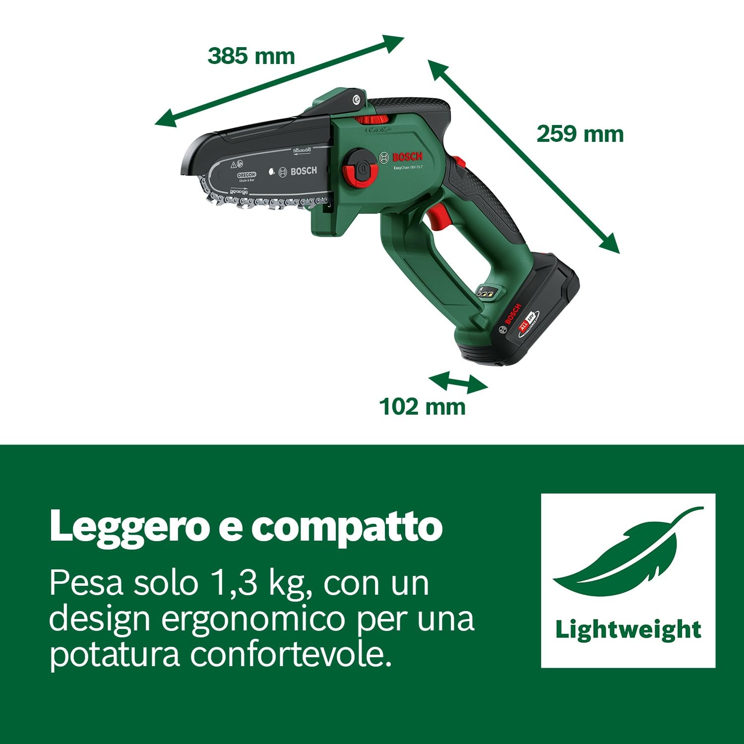 Bosch Mini Motosega a batteria EasyChain 18V-15-7 (per il taglio del legno; 18 Volt System; velocità catena: 6,95 m/s; con batteria da 2,5 Ah e caricabatteria)