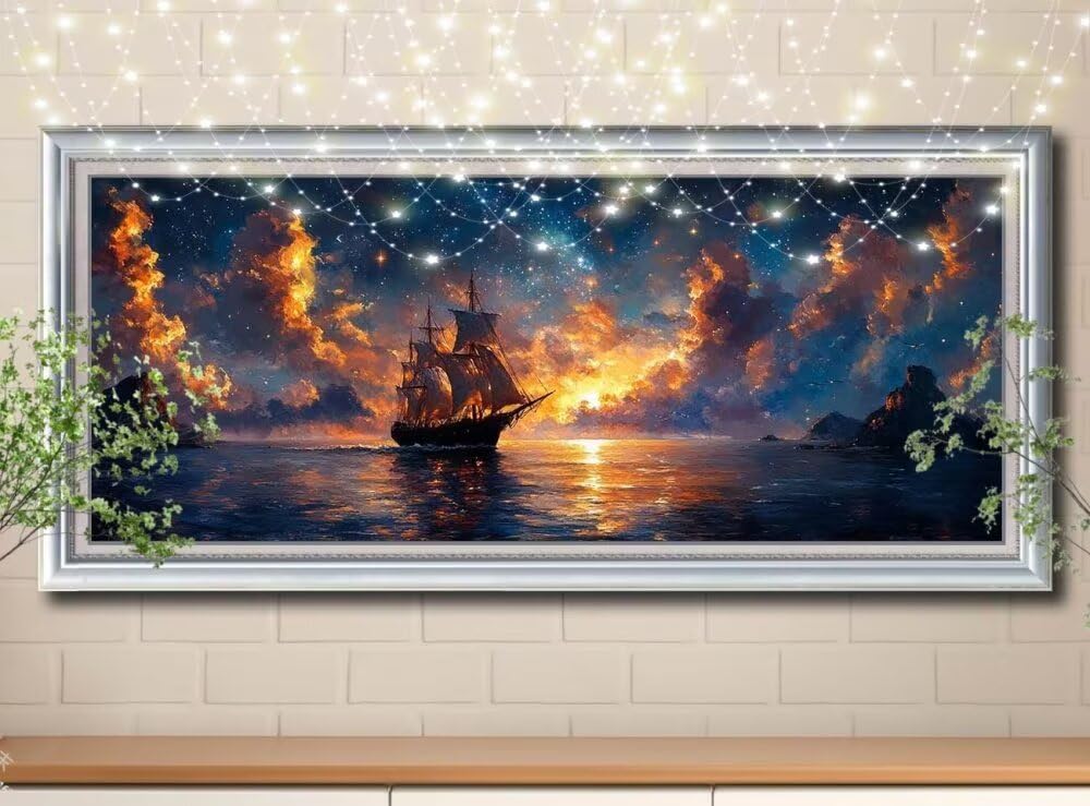 Malarstwo diamentowe 5D "zrób to sam" dla dzieci, mała żaglówka, gwiaździste niebo, obraz diamentowy 50 x 125 cm, tworzenie mozaiki według liczb, zestaw do malowania krzyżykowego, obraz dla dorosłych