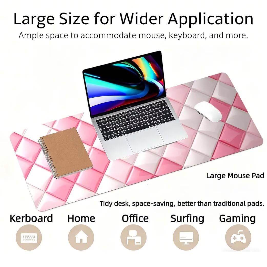 Lpfieonn Rosa Großes Schreibtischunterlage, XXL Schreibtischunterlagen, Weiß XXL Wasserdicht Gaming Mousepad mit Vernähter Rand und Rutschfeste Gummibasis, für Laptop/Hause/Büro 120x60cm PF-1725