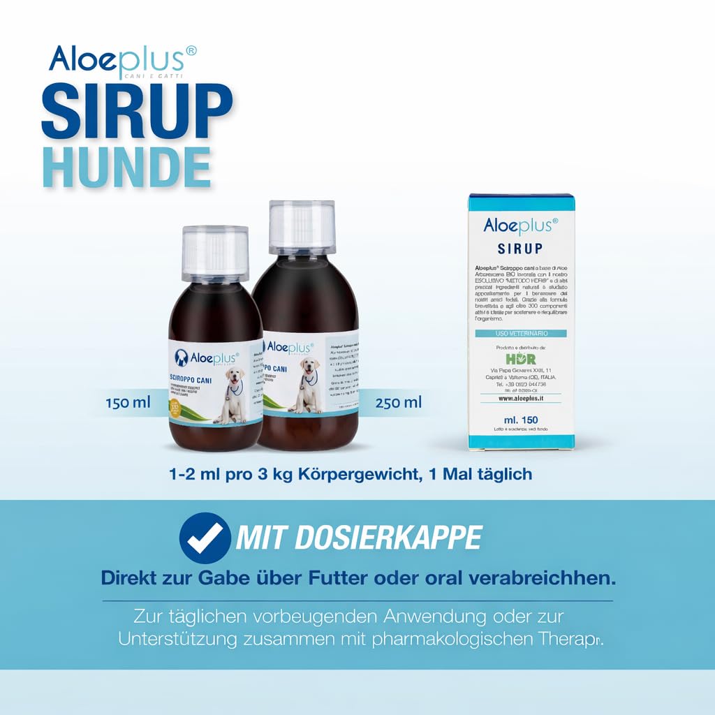 ALOEPLUS Hunde Sirup 250ml - Energetisches und Entgiftendes Ergänzungsfuttermittel mit Aloe Arborescens Bio, Stärkt die natürlichen Abwehrkräfte, ideal als Aufbaumittel für ältere Hunde und Welpen