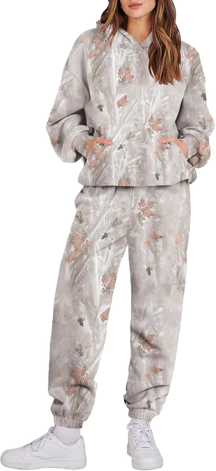 LINGLANG Camo Sweatsuits For Women Set 2 Piece Camo Hoodies Maple Leaf Print Oversized Sweatshirt Lounge Sets Fall Outfits