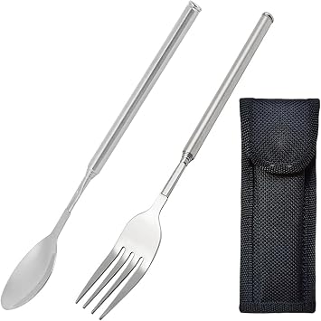 Extendable Fork, Durable Stainless Steel Telescopic Fork Retractable Dinner Forks Dessert BBQ Dinner Fruit Long Handle Telescoping Fork Cutlery for Cooking 8.7-25.4Inch Fork & Spoon Set